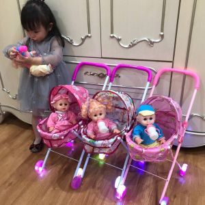 Girls Toy Baby Stroller Children with Doll Glowing Sound Playing House Hand-Pulled Cart Birthday Gift Simulation Shopping Cart