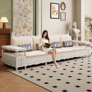 American Style Creamy White Wooden Fabric Sofa Storage Straight Row Small Modern Simplicity Couch for Living Room
