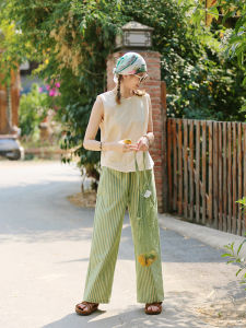 High Waist Straight Leg Casual Pants Womens Green Stripe Color Buckle Nine Points Loose Elastic Waist Cotton Blend Summer
