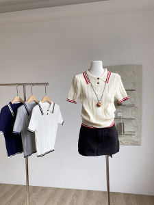 Áo Len Dệt Kim Tay Ngắn Thời Trang Mùa Hè 2025 Phong Cách Đại Học Cổ Điển Thanh Lịch Giảm Tuổi Tác Đa Năng Cổ Bẻ Ôm Sát Cơ Thể Cho Nữ