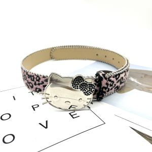 New Leopard Print Horse Hair Series Belt KT Cat Head Black Diamond Buckle Womens Y2K Jeans Skirt Accessory Versatile