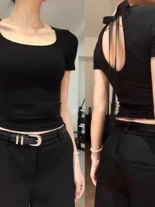 Áo Thun Nữ Tay Ngắn Cổ Vuông Màu Đen Mùa Hè Dáng Ôm Vừa Vặn Phong Cách Đường Phố Thường Ngày Không Có Thương Hiệu