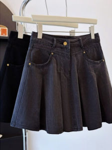Chic Elegant French Style Versatile Retro Denim Pleated Mini Skirt