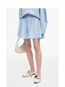 Cotton Wool Blend Blue Wide Waist Ruffles Skirt