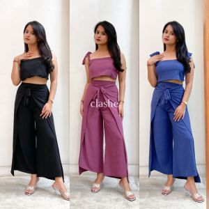 Setelan Wanita Atasan Crop Top Dan Celana Panjang Crinkle Airflow Anti Lecek Korean Style Kekinian Terbaru Ootd Patricia Set by Clashe