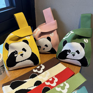 Knitted Panda Birthday Handbag Womens Soft Tote Bag Chinese Style Casual Fashion Animal Pattern Polyester Material Foldable