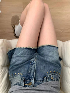 Plus Size Retro Rivet Denim Shorts Womens Summer Thin Plus Size Ladies High Waist Cover Small Rough Edges A- line Wide Leg Pants