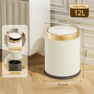 12L Light Luxury Bathroom Trash Can With Lid Press Type Round Garbage Can Plastic Trash Bins For Toilet Office Bedroom Kitchen