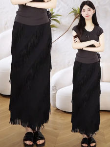 XIANGHOUMINCHU | Elegant Heavyweight Fringe Black Skirt