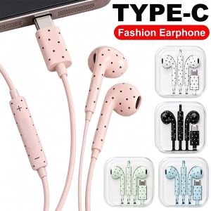 Fashion Type-C Wired Earphone Lightweight Earset Audio Headphone Gift Y2K Ins Type C Painted Polka Dot Headphone with Mic