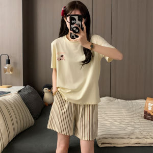 ชุดนอนลายการ์ตูนชุดอยู่บ้านใส่ออกไปข้างนอกได้ลายเสือน่ารักแบบบางคอตตอนแท้แขนสั้นฤดูร้อนสำหรับผู้หญิงเซ็ตเสื้อผ้ากีฬาแนวลำลองผู้หญิง