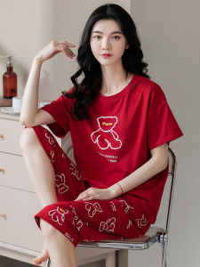 Summer Cotton Pajamas Womens Short Sleeve Seven-Piece Pants Home Clothes Red Lucky Year Sleepwear Comfortable Breathable
