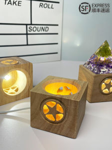 Solid Wood Glowing Base USB Powered Warm White LED Night Lamp Crystal Ball Table Lamp Hollow Pentagram Base Tray