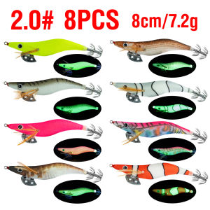 AKAKUMA | 8Pcs Luminous Casting Lure 8cm/10cm/12cm Wood Shrimp Fishing Lure with 3D Eyes for Squid/Cuttlefish