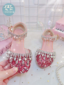 Red Crystal Dress High Heels Chunky Heel Performance Princess Girls Shoes Childrens Leather Shoes New 2025 Princess Style