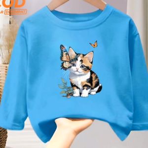 Kaos Atasan Anak Laki-Laki & Perempuan Usia 1-12 Tahun Bergambar Kucing Kupu Lengan Panjang