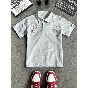 LIUBU | Embroidered Air Layer Gray and White Short Sleeve Polo T-Shirt