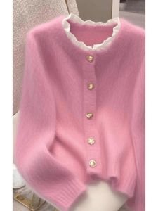 เสื้อคาร์ดิแกนถักลายลูกไม้สีชมพูสำหรับผู้หญิงในฤดูใบไม้ผลิและฤดูใบไม้ร่วง เสื้อคลุมแขนยาวทรงหลวมสบายๆ ชุดเดรสยาวปานกลาง