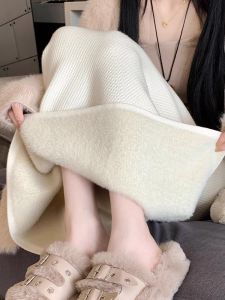 Thickened Fleece Knitted A-Line Mini Skirt High Waist Slim Fit Straight Cut High Slit Autumn Winter Womens Skirts
