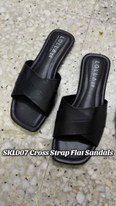 ✨TTFS✨ Korean Minimalist Cross Strap Flat Sandals Women Square Toe Slippers Kasut Perempuan Selipar Harian SKL007