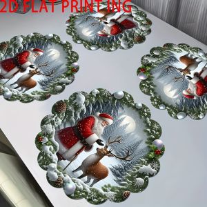 VIKAMA 4/6PC Christmas Placemats with Wavy Edges Round Santa Claus Snow Scene Christmas Party Table Decorations and Accessories