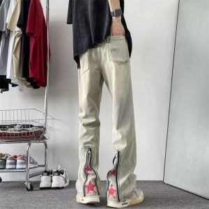 Black Zipper Star Mens Jeans High Street Summer Trendy American Brand Flared Long Pants Wear Resistant Straight Tube Fit