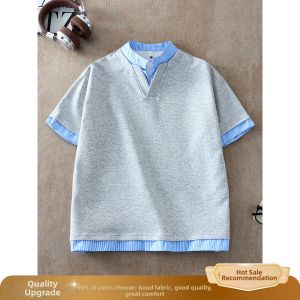 OUMULONG | Color Block V Neck Polo Shirt Mens Summer Stripe Splice Casual Loose Short Sleeve