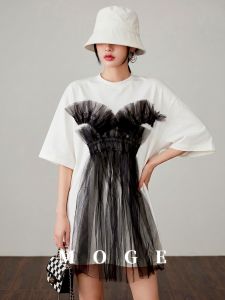Lace Patchwork Round Collar Short Sleeve T-Shirt Dress