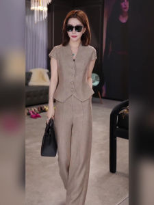 Elegant Simple Summer Womens Professional Suit V-Neck Short Sleeve Shirt Straight Leg Pants Two-Piece Set Fashionable Casual Wear