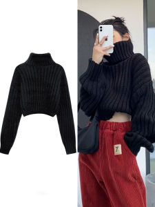 สีดำ สูง ปกเสื้อ สั้น เสื้อสเวตเตอร์ถัก ผู้หญิง ฤดูใบไม้ร่วง ฤดูหนาว หนาขึ้น ขี้เกียจ หวาน และสไตล์เผ็ดหน้าท้องแสดง Twist Head เสื้อถัก