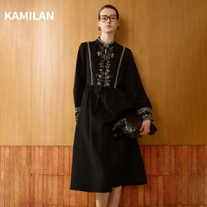 Elegant French Style Embroidered A-Line Dress Womens Autumn New Arrival Long Midi Skirt Standard Fit Casual Daily Wear