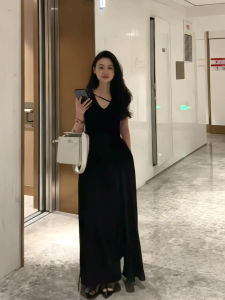 French Hepburn Style Black Sleeveless Strap Dress Womens Summer High Waist Slimming Long Dress Sweet A-Line Gown K6069