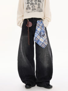 กางเกงยีนส์ทรงหลวมขาตรงสไตล์ย้อนยุคสไตล์อเมริกันสำหรับผู้ชาย กางเกงขายาวทรงหลวมสำหรับใส่ลำลอง ผ้าฝ้ายผสมคอตตอน