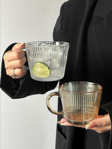 Transparent Glass Coffee Cup with Handle Vertical Stripe Milk Breakfast Cup Ins Style Home Use round Shape Chinese Manufacturer