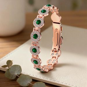 Women’s Crystal Circle Solid Copper Magnetic Bracelet – Double Halo Rhinestone Design Premium Solid Copper Adjustable Energy Healing Bracelet with Smart Clasp