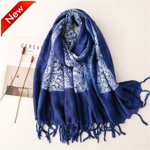 Autumn Winter New Style Tie Dye Large Scarf Blue And White Porcelain Patterned Travel Tassel Shoulder Shawl Artistic Decorative