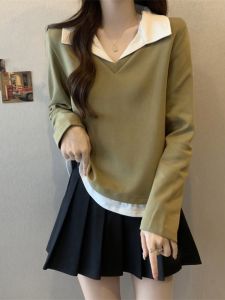 Salt Series Street Style V-Neck Long Sleeve T-Shirt Womens Early Autumn plus Size Slimming Fake Two-Piece Elegant Top