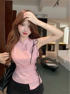 GUZILIAN | New Chinese Style Color Block Side Tie Vest Top Womens National Style Asymmetrical Small Audience Waist Inward Half High Collar Shirt
