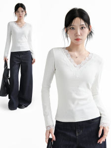 MOCHU | Lace Trim V-Neck Slim Fit Long Sleeve T-Shirt