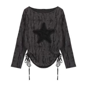 Retro American Lazy Style เสื้อยืดแขนยาวผู้หญิง Early ฤดูใบไม้ร่วง หลวม พรางหุ่น ดีไซน์ เชือกรูด Binding เสื้อท่อนบน อินเทรนด์ ผ้าฝ้าย