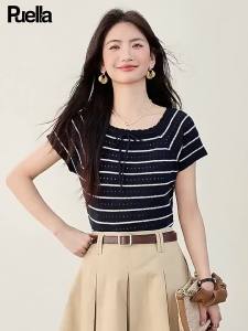 puella | Áo Thun Kẻ Sọc Cổ Đan Dây Phong Cách Hàn Quốc Ôm Body