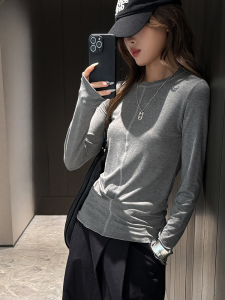 Miiow | Gray Base Layer Shirt Womens Casual Long Sleeve Round Neck Top Autumn Commute Early Autumn Versatile Outdoor Wear T-shirt