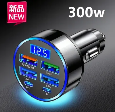 300W 6 Ports Car Charger Fast Charging QC3.0 6 In 1 4USB 2PD with Voltage Display for iPhone OPPO Samsung Huawei Adapter