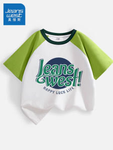 เสื้อยืดแขนสั้นผ้าฝ้ายแท้สำหรับเด็กชาย JU Jeanswest ฤดูร้อนใหม่ เสื้อยืดคอกลมลายตัวอักษรแบบบาง เสื้อผ้าเด็กชายลำลอง