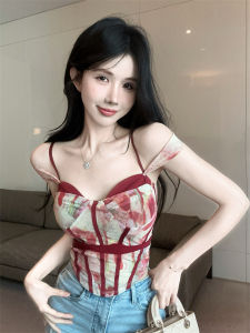 GUZILIAN | เสื้อกั๊กสายเดี่ยวไม่สมมาตรสไตล์สาวฮอตพร้อมพิมพ์ลายกระดูกปลา ทรงเข้ารูป แขนกุด สำหรับผู้หญิงในช่วงฤดูร้อน