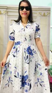 ĐẦM TRUNG NIÊN NỮ SANG TRỌNG - CỔ SƠ MI CAO CẤP - HỌA TIẾT HOA XANH