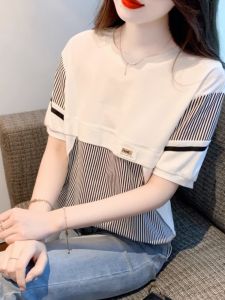WANGGONGZHU | Summer Stripe Short Sleeve T-Shirt Womens Elegant Splice Loose Slimming Top Fashionable Casual Round Neck Princess Style