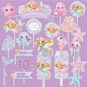 Mermaid Theme Party Decoration Plugins Dreamy Ocean Sea Grass Princess Birthday Dessert Table Toppers Push Pop Fun Stickers