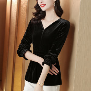 Women's Long Sleeve Velvet Base Shirt & Waist Cinching Skirt Hem Top