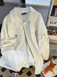 Harajuku Style Mixed Media PU Leather Jacket with Hand Sleeve Heart Ring Buckle for Men And Women Spring Autumn Motorcycle Jacket Baseball Jacket